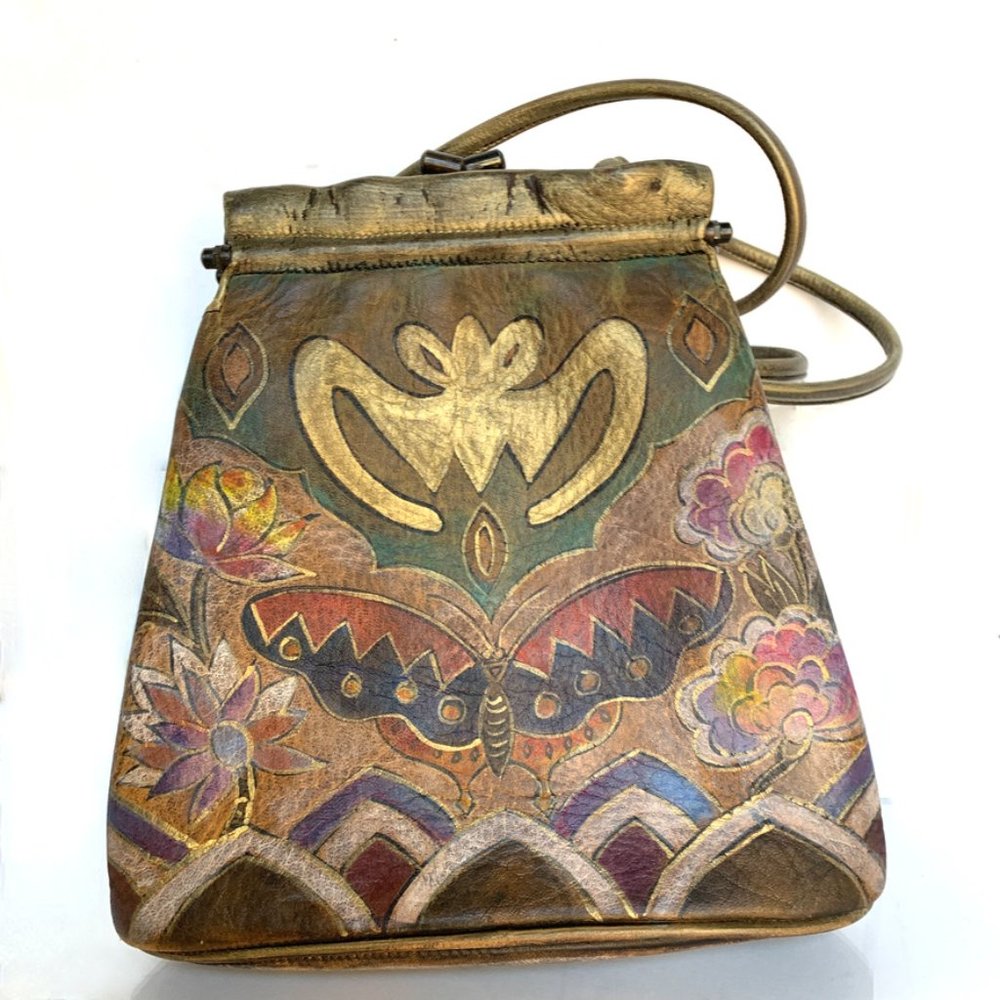 Jane Yoo Vintage Wearable Art Hand Painted Butterflies Leather Crossbody…